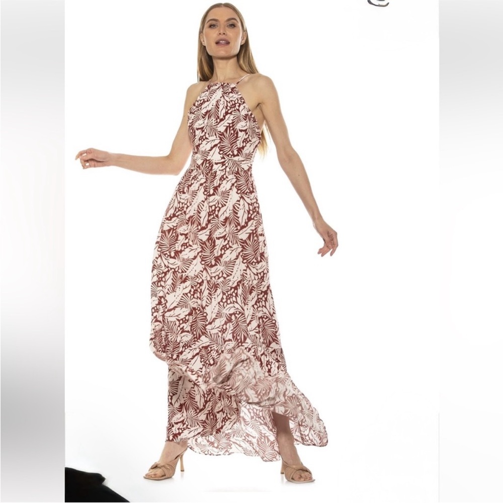 Alexia Admor KiraTan Brown Palm Sleeveless High-Neck Floral Maxi Dress Size 14